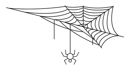 Corner spideweb linear icon. Halloween line art. Isolated black net with spider on white back ground. Web with spider logo for your halloween cards. 
