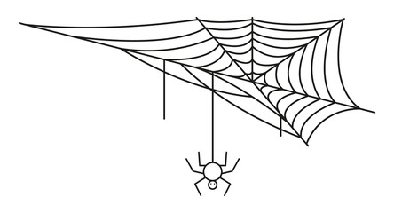 Fototapeta premium Corner spideweb linear icon. Halloween line art. Isolated black net with spider on white back ground. Web with spider logo for your halloween cards. 
