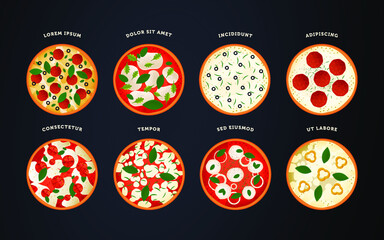 Naklejka na ściany i meble Pizza Set. Modern Flat Vector Concept Illustrations. Various Kinds of Pizza. Delicious Ingredients.