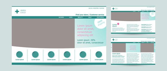 simple web page cover design in blue gradient. website layout templet or social media cover with menu, navigation, copy space. commercial vector banner, for medicine, dentist, health care, stomatology