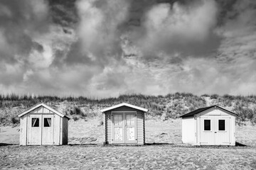 Beachhouses in the dunes at the beach on Texel island in the Netherlands in black and white