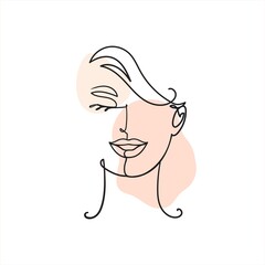 Abstract Woman face,silhouette in minimalistic style.The blackContinuous line and abstract colored spots.Modern Design concept.Stock illustration isolated on white background.
