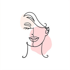 Abstract Woman face,silhouette in minimalistic style.The blackContinuous line and abstract colored spots.Modern Design concept.Stock vector illustration isolated on white background.
