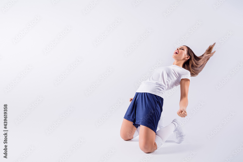 Poster Portrait of her she nice attractive crazy cheerful overjoyed glad straight-haired girl standing on knees celebrating having fun emotion expression isolated on light white gray pastel color background