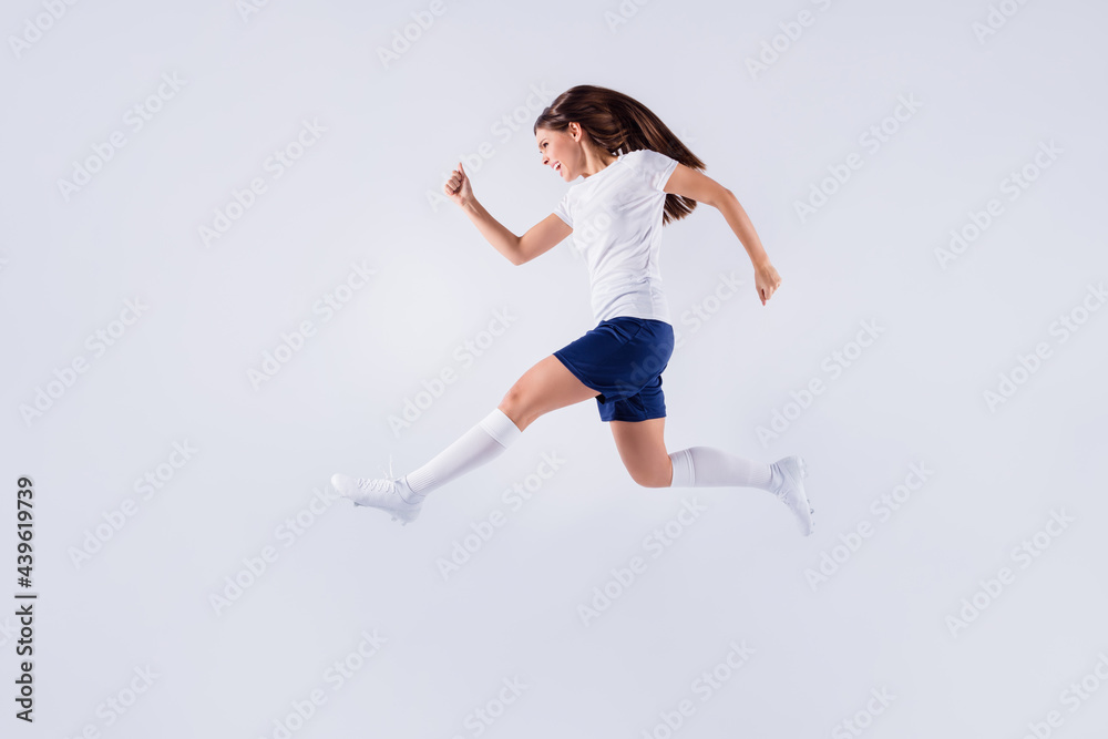 Poster Full length body size view of nice attractive lovely slim crazy overjoyed cheerful cheery straight-haired girl jumping having fun running isolated on light white gray pastel color background