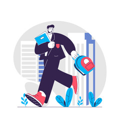 School web concept. Student rushing to lessons, holding books and backpack. Education people scene. Flat characters design for website. Vector illustration for social media promotional materials