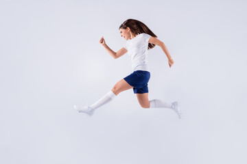Fototapeta na wymiar Full length body size view of nice attractive lovely slim crazy overjoyed cheerful cheery straight-haired girl jumping having fun running isolated on light white gray pastel color background