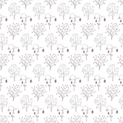 Vector seamless pattern with blooming elements, purple, yellow flowers on a white background.