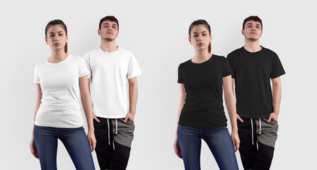 Mockup of a stylish white, black T-shirt on a guy and a girl on a close-up, isolated on the background.