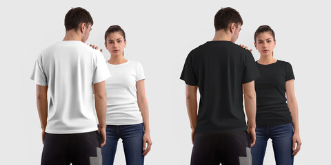 Mockup of a fashion white, black T-shirt on a guy, back view, and a girl, front, for presentation of design.