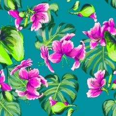 Rolgordijnen Watercolor vector hand drawn styled seamless floral tropical pattern with the magnolia blooming flowers and palm leaves, textile composition, boho style inspired with the landscape of Ibiza © Svetlana