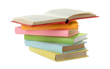 Many colorful hardcover books on white background