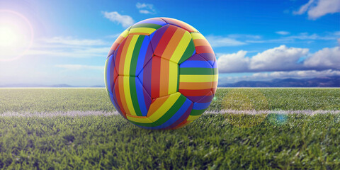 Rainbow flag football soccer ball outdoors on grass. 3d illustration