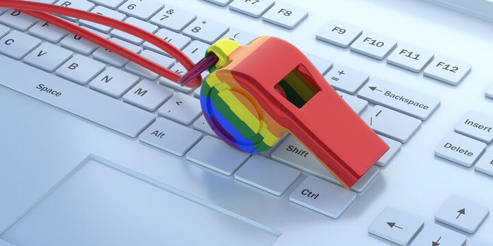 Gay pride rainbow flag whistle on white computer background. 3d illustration