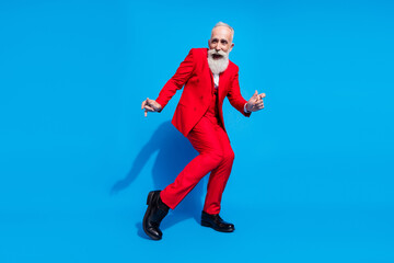 Full body photo of senior man excited happy positive smile dance music party isolated over blue color background