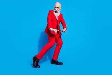 Full length photo of excited aged man happy positive smile dance disco have fun groomed isolated over blue color background