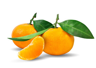 Tangerine or mandarin fruit with leaves isolated on white background.