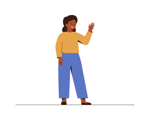 African American school girl waves a hand and saying hello or bye to somebody. Smiling female teenager in casual clothing does greeting gesture. Vector illustration