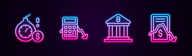 Set line Money bomb dollar crisis, Calculation of expenses, Bank building and Mobile stock trading. Glowing neon icon. Vector