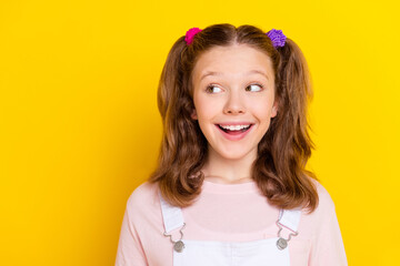 Photo portrait smiling amazed happy schoolgirl with tails looking copyspace isolated bright yellow color background