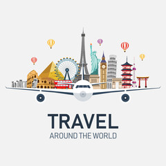airplane and time to travel banner. travel around the world. buildings and landmarks on plane. vector illustration in flat style modern design. isolated on white background. © Yellow duck