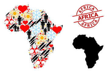 Distress Africa stamp, and heart humans vaccine collage map of Africa. Red round stamp seal has Africa caption inside circle. Map of Africa mosaic is created of frost, sun, heart, people, vaccine,