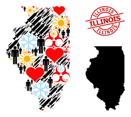 Grunge Illinois stamp, and winter man inoculation collage map of Illinois State. Red round seal includes Illinois title inside circle. Map of Illinois State mosaic is formed from cold, sun, heart,