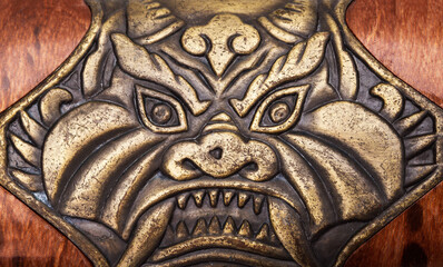 Beautiful patterns on the katana saber on the handle and protective case, close-up