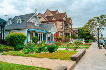 Victorian mansion in an upmarket residential neighborhood. Los Angeles, USA - 15 Apr 2021