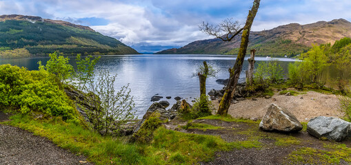 A panorama view across the northen end of Loch Lomond in Scotland on a summers day