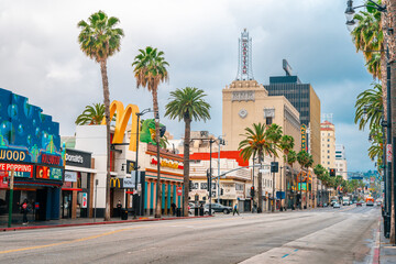Streets in Hollywood on the Walk of Fame in Los Angeles on a cloudy day. Los Angeles, USA - 23 Apr 2021 - obrazy, fototapety, plakaty