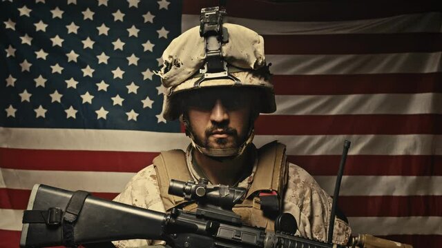 Soldier Patriotic Concept Confident Smile United States Flag Independence Day US