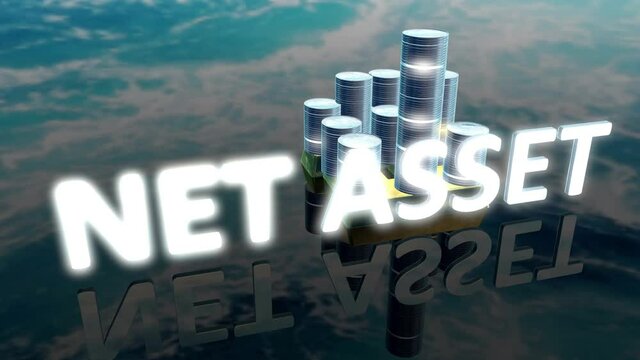 3d illustration of Glowing Net Asset text with background house made up of coin made up of gold and silver and sea in background