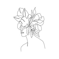 Woman Face with Flowers Line Art Drawing. Continuous One Line Drawing of Flowers on Female Head Minimalist Style. Vector Illustration for Nature Cosmetic, Print. Minimalist Black White Drawing Artwork