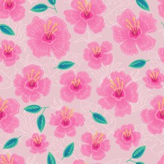 Seamless pattern with tropical flowers and leaves. Stock illustration.