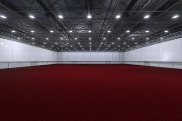 Empty hall exhibition center.Backdrop for exhibition stands,booth elements. Conversation center for conference.Big Arena for entertainment,concert,event. Indoor stadium for sport.Red carpet.3d render.