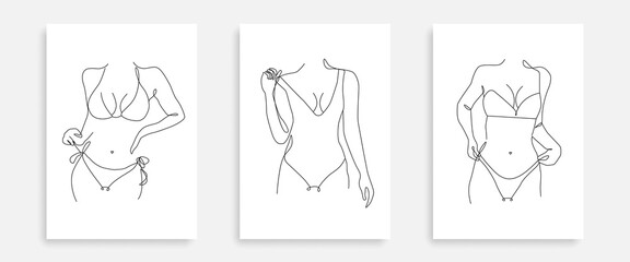 Fototapeta premium Female Body Line Art Set of 3 Prints. Woman Body One Line Art Drawing. Modern Minimalist Illustration for Wall Art Print, Poster, Social Media. Vector EPS 10