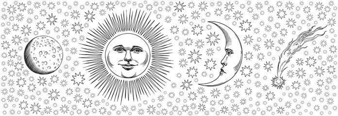Celestial bodies. Design set. Hand drawn engraving. Editable vector vintage illustration. Isolated on white background. 8 EPS - 439628501
