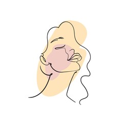 Abstract Woman face,silhouette in minimalistic style.The black Continuous line and abstract colored spots.Modern Design concept.Stock  illustration isolated on white background.
