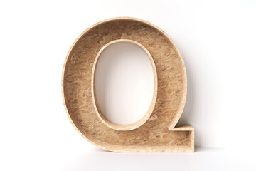 Wood font letter Q made of oriented strand board. New trending interior design material concepts. High detailed 3D rendering.