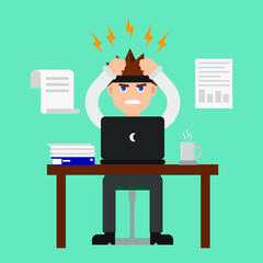 businessman get headaches from working at their desk, illustration vector graphic