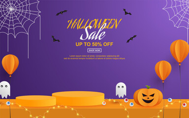Sale halloween background. halloween offer design template with podium display product.