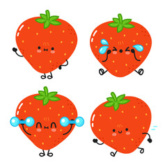 Funny cute happy strawberry characters bundle set. Vector kawaii line cartoon style illustration. Cute strawberry mascot character collection