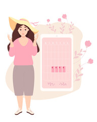 The girl looks at the womens calendar. woman in beach hat, stands near the calendar of female health and menstruation on the phone screen. Vector illustration. Female health character concept