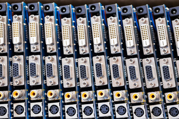 Close-up blurry metal sockets on a computer video board