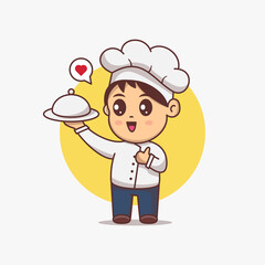 Cute Chef boy holding food serving illustration. Kawaii cartoon character