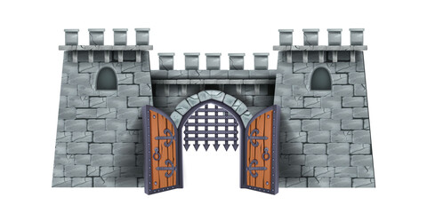 Old castle tower vector illustration, stone medieval cartoon fortress, wooden open city gate, grate. Ancient double door, arch portal entrance, citadel game object front view. Brick castle tower - obrazy, fototapety, plakaty