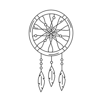 Cute abstract black and white dreamcatcher in a trendy minimalist line style contemporary chic vector illustration