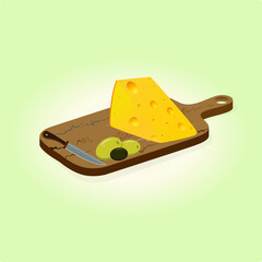 Piece of cheese, olives, knife on a wooden cutting board, vector illustration