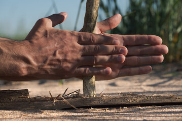 Ancient method for starting a fire in the wilderness with limited resources. Man in a survival...